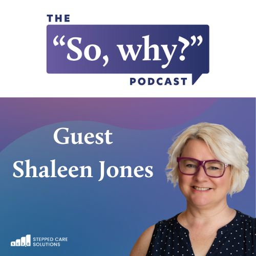 So Why_ep 14_Shaleen Jones_Spotify Thumbnail So, Why? podcast image card with guest Shaleen Jones pictured over a purple background