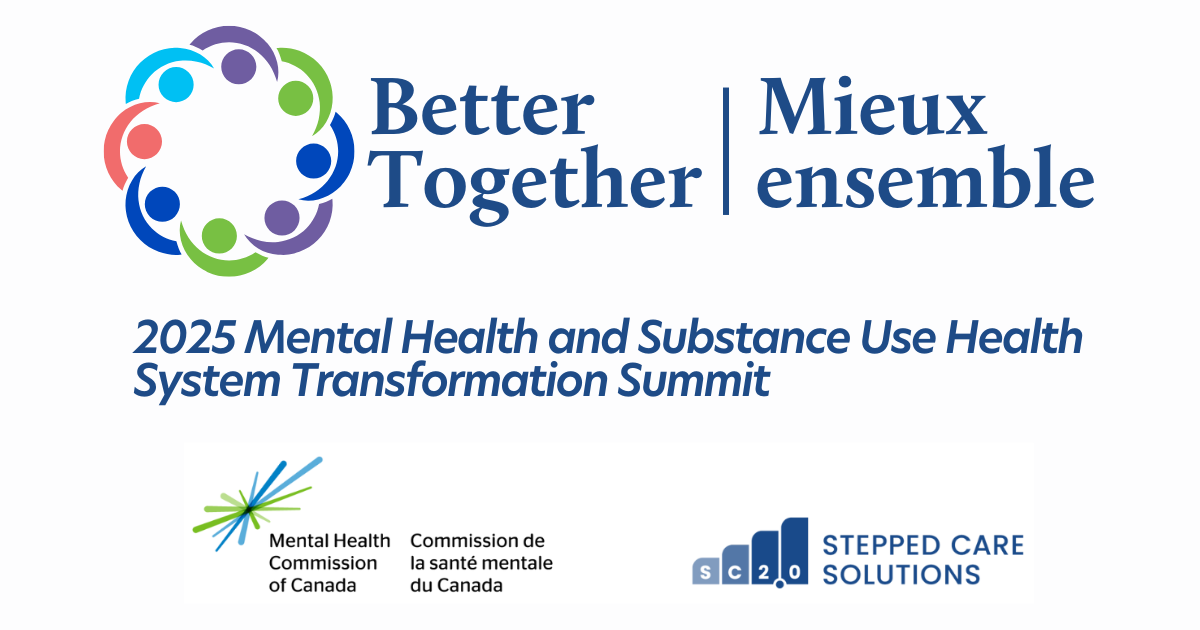 Better Together web preview Better Together logo at the top of the image, a circle of people figures in purple, green, red, dark and light blue wrapping arms around each other to represent unity and togetherness. Mental Health Commission and Stepped Care Solutions logos at the bottom of the image.