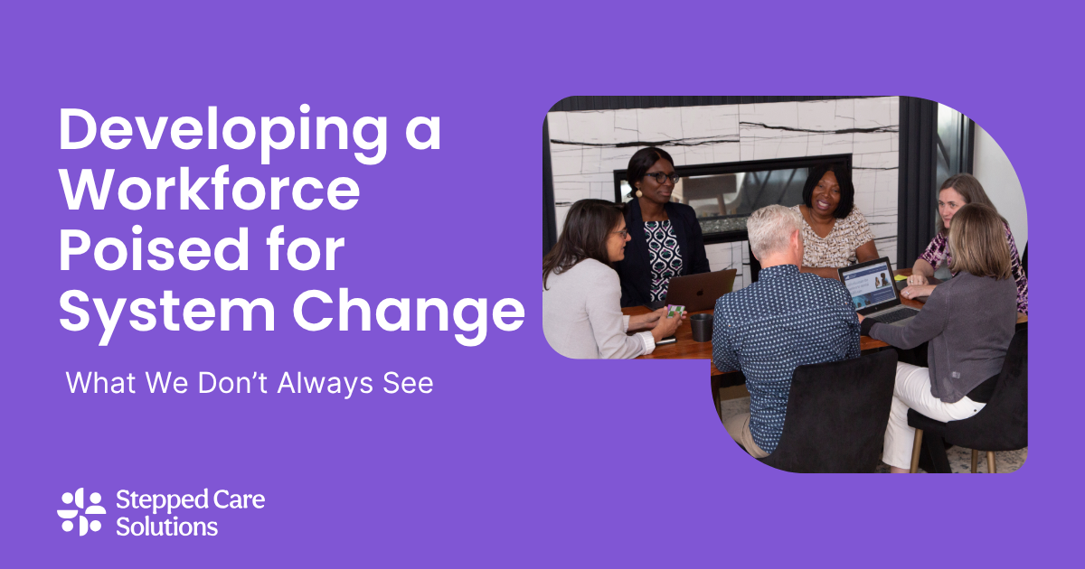 Over a purple background we see the blog post title in white text: "Developing a Workforce Poised for System Change: What we don't see" and a white SCS logo in the bottom left. A photo in bubble frame on the right shows SCS team members working around a table.